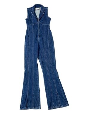 Free People CRVY Ring The Alarm Denim Jumpsuit V-Neck Sleeveless Zip Front  XS